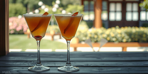 Two fruity cocktails are on a wooden table, fruits, the glass is stuck in a cafe with the view outside as a close-up