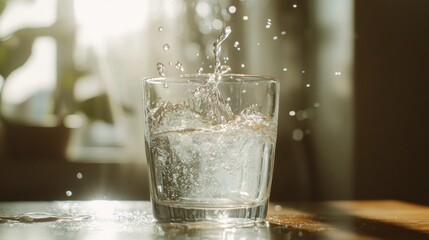 Poster - Water cascading into a glass, capturing the refreshing splash and sparkle of the liquid as it fills up against a bright,