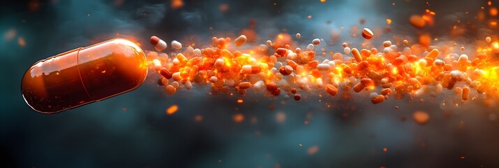 Poster - Dramatic and intense close-up view of a powerful fiery explosion with a burning rocket or missile launching and bursting forth in a chaotic display of fire,energy,and destruction.