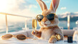© Studios - Party animal rabbit on expensive private yacht with champagne gold watch stylish sunglasses, billionaire dream lifestyle wallpaper background, funny creative animal pet concept unique 3d digital art.