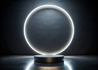 Wall Mural - lighted white circle on dark background creates striking visual contrast, emphasizing modern design and minimalism. illuminated circle stands out, evoking sense of calm and sophistication