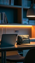 Sticker - Image shows a cozy, dimly lit room with a laptop, books, and a lamp on a desk. Office chair is ready for use. Warm, peaceful atmosphere portrayed.