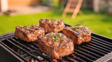 Grilled steaks on a barbecue, perfectly seared and garnished, set against a lush green background.