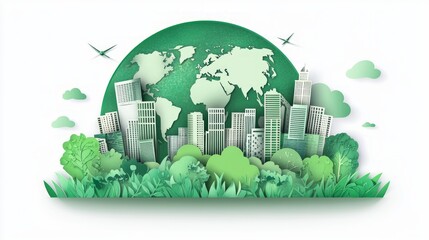 Paper cut style illustration of a city skyline surrounded by green grass, trees, and a globe representing the Earth.