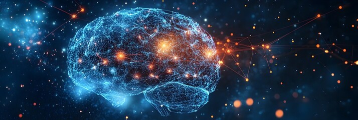 Poster - Glowing Digital Brain - Futuristic Intelligence Concept with Neon Lights and Electric Energy Sparks in a Cosmic Galaxy Background