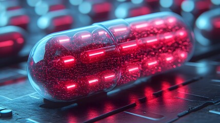 Poster - Glowing Red and Blue Capsule Pill with Futuristic Digital Pharmaceutical Design. 3D Render of Abstract Colorful Medical Tablet or Supplement for Health and Wellness Treatments.