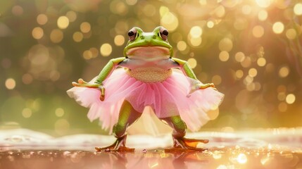 Sticker - A green tree frog wearing a pink tutu stands center stage with arms outstretched on a reflective surface, surrounded by bokeh lights, creating a magical and whimsical atmosphere.