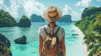 Back view of a traveler woman at beautiful island