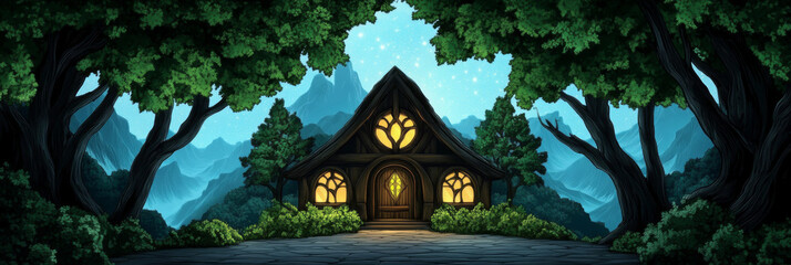 Wall Mural - A cozy cottage with glowing windows nestled in a lush forest at dusk.