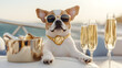 © Studios - Cool rich Bulldog on expensive private yacht with champagne gold watch stylish sunglasses, billionaire dream lifestyle wallpaper background, funny creative animal pet concept unique 3d digital artwork