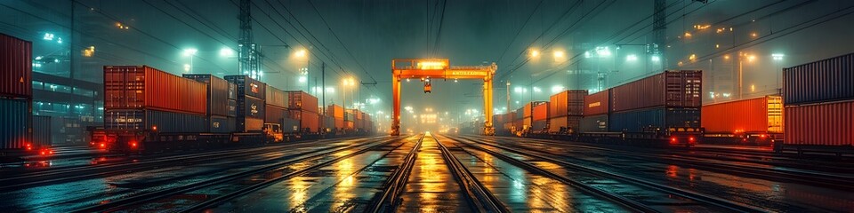 Poster - Panoramic view of an illuminated cargo port terminal with stacks of shipping containers and towering gantry cranes operating at night.