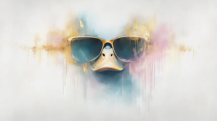 Sticker - Close-up of a duck wearing sunglasses, with a colorful watercolor background.