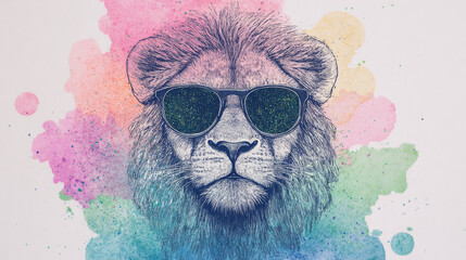 Wall Mural - A cool lion with a pair of sunglasses that reflect the cosmos. This is a great image for any animal lover or someone who enjoys abstract art.