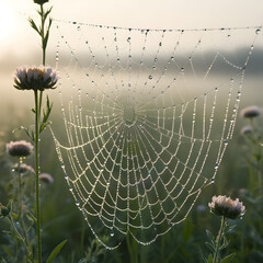 a spider web with water droplets on it in the morning.