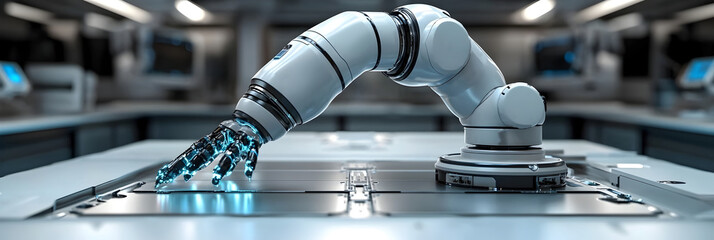 Poster - Robotic arm manipulating high-tech industrial equipment and machinery in a futuristic,modern factory or production setting. Automation,precision.