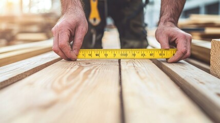 Poster - A person measuring wooden planks with a tape measure in a construction setting.