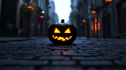 Wall Mural - A glowing jack-o'-lantern sits on a cobblestone street, creating a spooky atmosphere.