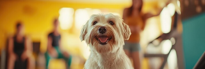 Poster - A cheerful dog poses in a vibrant indoor setting with people in the background.