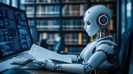 Poster - Robot reading in library, studying data and information