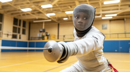 Poster - A young fencer in protective gear prepares for a match in a gymnasium.