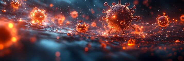Aufkleber - Surreal and apocalyptic digital depicting a microscopic view of a pandemic outbreak,with glowing and explosive molecular particles,fiery energy,and a chaotic,destructive atmosphere.