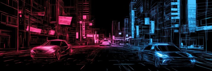 Canvas Print - A neon cityscape featuring stylized cars in a futuristic urban environment.