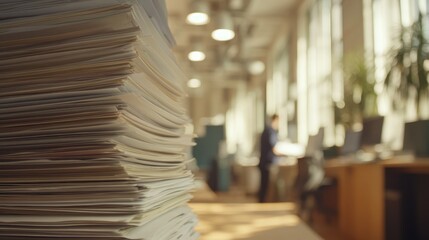 Canvas Print - A stack of paperwork in an office setting, with a person working in the background.