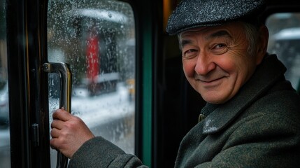 Wall Mural - A smiling older man in a bus, holding the door handle, with rain on the window.