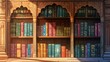 © SETSU 21 - Colorful cartoon bookshelf filled with South Asian literature, intricate decor in the background, ample copy space