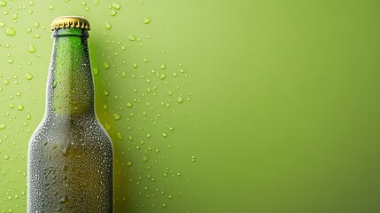 A cold bottle of beer with condensation on a green background.