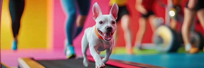 Canvas Print - A playful dog runs on a treadmill in a vibrant gym setting, showcasing fitness and fun.