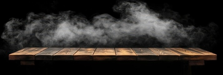 Poster - Empty Wooden Table with Smoke on Black Background