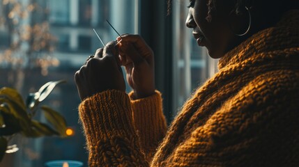 Wall Mural - A woman in a cozy sweater is focused on a small task by a window with plants nearby.