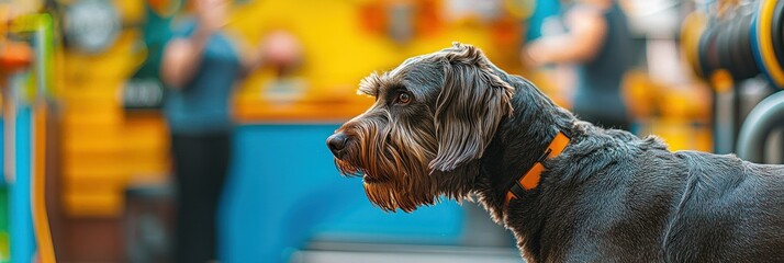 Sticker - A dog in a colorful environment, likely at a grooming or pet care facility.