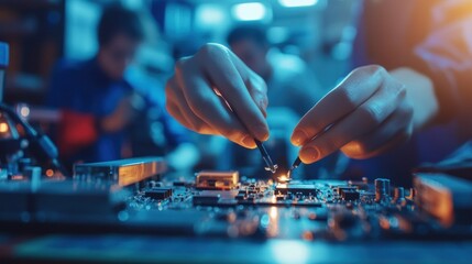 Wall Mural - A technician works on a circuit board, using tweezers to handle small components.