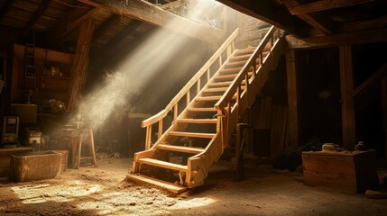 Poster - A wooden staircase illuminated by sunlight in a dusty attic, creating a warm, nostalgic atmosphere.