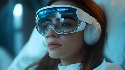 Aufkleber - Woman wearing advanced virtual reality headset in a futuristic digital technology environment,exploring an immersive 3D digital world. Concept of innovative VR technology,gaming,entertainment.
