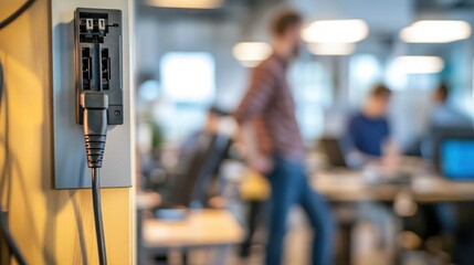 Wall Mural - An office environment with a power outlet in focus and blurred people working in the background.