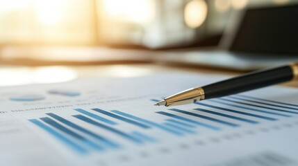 Wall Mural - A close-up of a pen pointing at a bar graph on a document, indicating analysis or discussion.