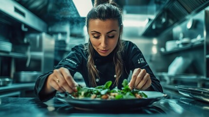 Poster - A chef carefully garnishing a plate of food in a professional kitchen.