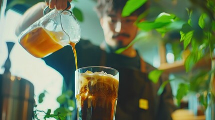 Wall Mural - A barista pouring iced coffee into a glass surrounded by greenery.