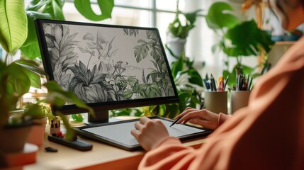 Canvas Print - A person working at a desk surrounded by plants, using a computer with a nature-themed screen.