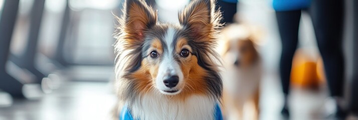 Wall Mural - A close-up of a dog in a blue outfit, with another dog blurred in the background.