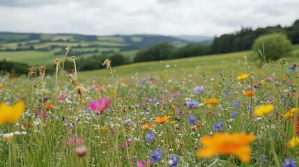 Sticker - A vibrant wildflower meadow with diverse blooms under a cloudy sky.