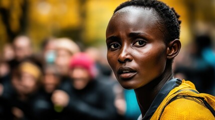 Canvas Print - A focused athlete gazes into the distance amidst a blurred crowd during an outdoor event.