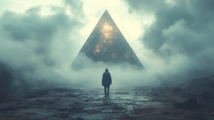 Wall Mural - A man stands in front of a pyramid in a foggy, mysterious landscape