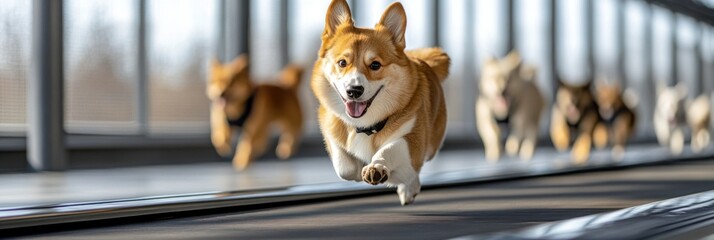 Poster - A group of energetic dogs, primarily Corgis, running happily indoors.