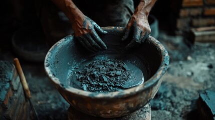 Wall Mural - Hands mixing clay in a bowl, preparing for pottery or sculpting.