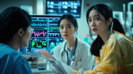 Wall Mural - Two concerned medical professionals discuss patient data in a hospital setting.