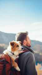 Wall Mural - photo of man travelling with his dog in a backpack.